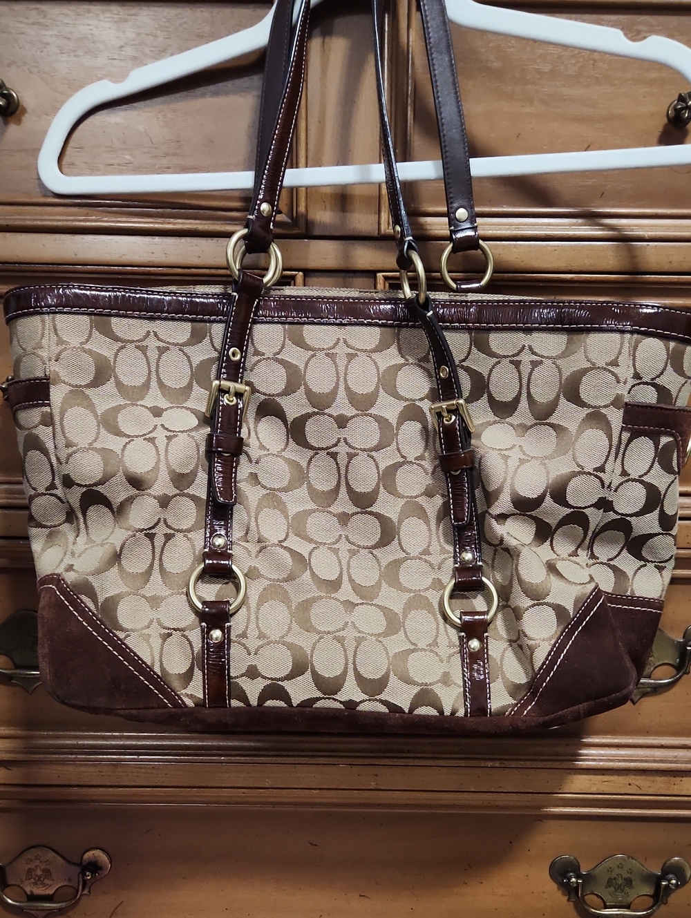 Coach Khaki Signature Canvas Tote with Brown Leather Trim